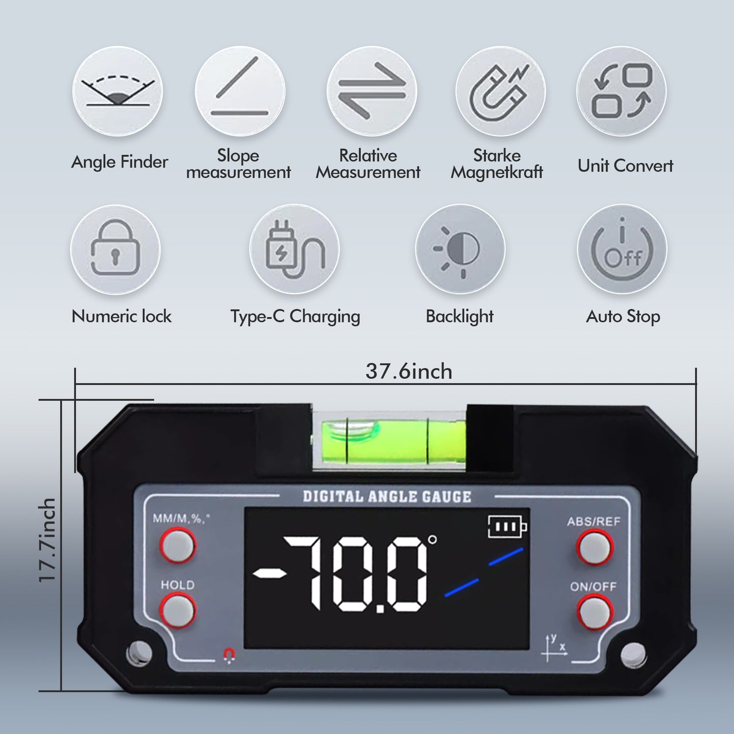 Digital Angle Gauge Leveler Finder Bubble Inclinometer Bevel Gauge XY Axis Slope for Woodworking Sawblade Tools Strong Magnetic Base Measures 4 * 90 & 2 * 40 Degree Ranges w/Backlight IP54 Rating